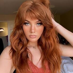 Orange Wig with Bangs,Ginger Wavy Wigs ,Copper Shoulder Length  Synthetic  18In